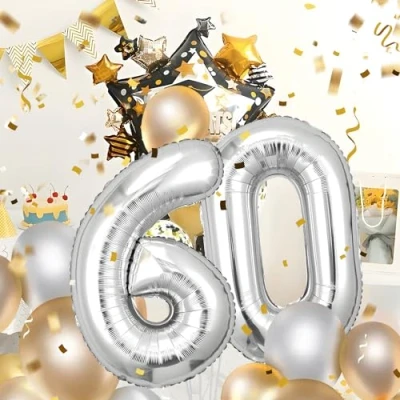 Abbildung von 60 Geburtstag Deko zahlen luftballon jahre Folienballon Sliber für 60. Geburtstagsdeko Männer Frauen Ballon Zahl zum fliegt mit Helium 60.Geburtstagsparty 40&quot; 101cm