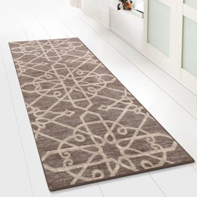Abbildung von Floordirekt Teppichläufer mit Muster maßgefertigter Feinschlingen Teppich Läufer für Küche, Flur &amp; Wohnraum Ornament Vintage Orient Gitter (80 x 150 cm, Navelli Braun)
