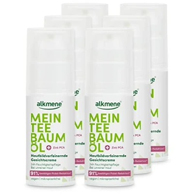Abbildung von alkmene Mein Teebaumöl Gesichtscreme 6x 50 ml Pickel Reduktion 91% bestätigt Naturreines Teebaumöl, vegan &amp; klimaneutral 24h Feuchtigkeitspflege für unreine Haut Creme