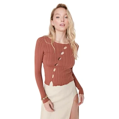Abbildung von TRENDYOL Damen Rundkragen Unifarben Schnitt Bluse Shirt Langarm Schwarz Bluse, Cinnamon, 42