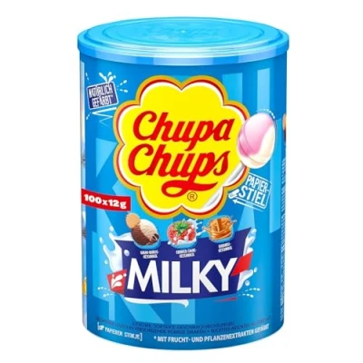 Abbildung von Chupa Chups Milky Lutscher Dose, praktische Box mit 100 Lollis in 3 cremigen Geschmacksrichtungen Karamell, Erdbeer Sahne &amp; Kakao Vanille, für Halloween, x 12g