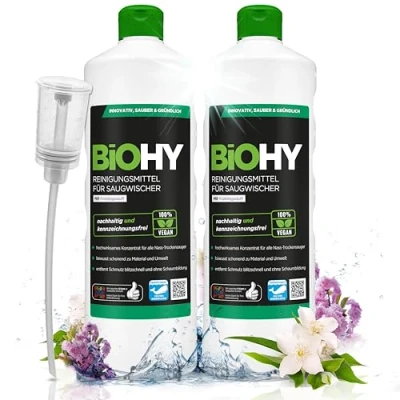 Abbildung von BiOHY Reinigungsmittel für Saugwischer mit Frühlingsduft (2 x 1 liter) + Dosierer 1:200 Konzentrat alle Nass Trockensauger ideal Fliesen, PVC, Parkett, Laminat &amp; Teppich streifenfrei