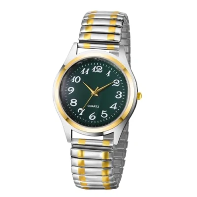 Abbildung von JewelryWe Herrenuhr Edelstahl Stretcharmband Uhr: Einfache Analog Quarz Armbanduhr Herren Gold Silber Elastische Edelstahlarmband Uhren mit Zugarmband &amp; Grünem Großen Zahlen Zifferblatt