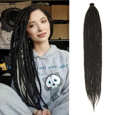 Abbildung von Single Dreadlocks Extension 24 Zoll Naturschwarze dünne 0,6 cm 20 Strähnen handgefertigte synthetische Häkelhaare super lange Dread Extensions Reggae Style für Frauen (1B)