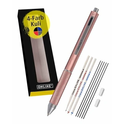 Abbildung von 𝗢𝗡𝗟𝗜𝗡𝗘 Multipen 4 in 1 Rosegold Kugelschreiber &amp; Bleistift Multifunktionsstift Metall 3x Mine blau,schwarz, rot, 1x Druckbleistift inkl. Radiergummi, Geschenkbox