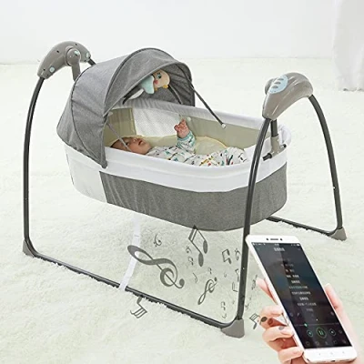 Abbildung von Babyschaukel, Tragbare Elektrische Babywippe mit Fernbedienung Automatik schaukel Intelligenter Schaukelwiege 5 Gang Drei Modi Swing Babywiege ab der Geburt bis18kg (Grau)
