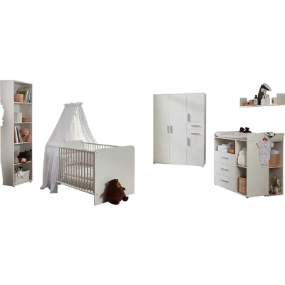 Abbildung von BMG Möbel Babyzimmer Komplettset &quot;Lea&quot;, (Set, 7 St., Bett, Wickelkommode, Schrank, Standregal, Unterstellregal, Wandboard), Bett + Wickelkommode 4 trg. Schrank Standregal Unterstellregal