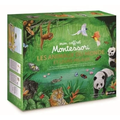 Abbildung von Coffret Montessori: les animaux du monde et leurs milieux: 36 figurines cartonnées d&#039;animaux, 6 planches milieux, 2 planisfères rugueux, 38 cartes 1 livret pour parents