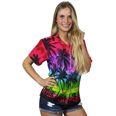Abbildung von King Kameha Funky Hawaii Bluse Hemd, Damen, Kurzarm, Beach, Pink, L