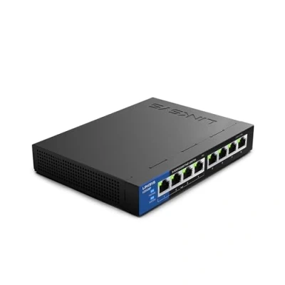 Abbildung von Linksys LGS108P EU 8 Port Unmanaged Gigabit Netzwerk PoE Switch mit 4 PoE+ Ports, Ethernet bis zu 1000 Mbit/s für Büros und Hause, IP Überwachung Platzierung auf dem Schreibtisch