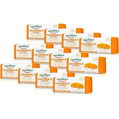 Abbildung von equilibra Calendula Seife 100% pflanzlich, Anti Rötungsfunktion, 100 g, Packung mit 12 Stück