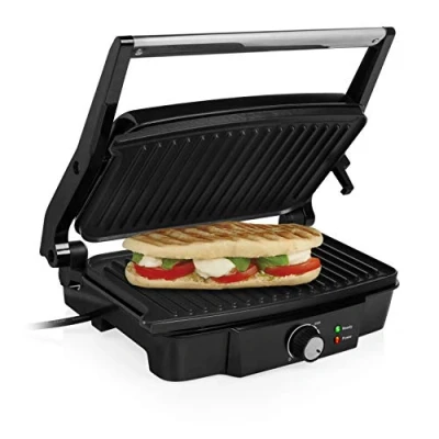 Abbildung von Tristar GR 2852 Kontaktgrill, Schwarz, Edelstahl, Rechteckig, 278 x 170 mm, Schwimmender Deckel, Verschlussdeckel, 1500 W