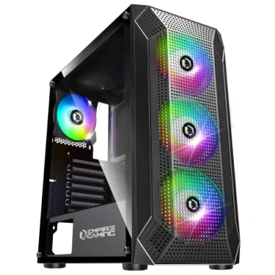 Abbildung von EMPIRE GAMING PC Gehäuse Gamer Ruby ARGB Mittelgroßer Tower ATX, MATX, ITX Netzblende Seitenwand aus Acrylglas 4 Ventilatoren 3 Pin 5V LED RGB Adressierbar 120 mm MB Sync Schwarz