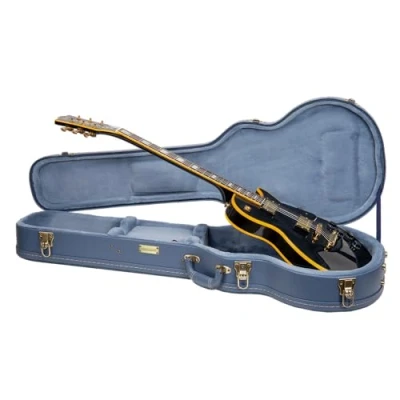 Abbildung von Crossrock Relief Series Holzkoffer für Les Paul E Gitarren, mit stark strukturierter Oberfläche, Kunstfell in Nerzoptik, Edelstahlverschlüssen Rauchblau (CRW630LSB)