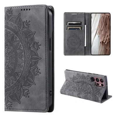 Abbildung von CoverKingz Handyhülle für Samsung Galaxy S24 Ultra Handytasche mit Kartenfach Phone Case Cover Handy Hülle klappbar Motiv Mandala Grau