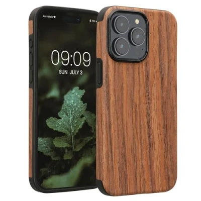 Abbildung von kwmobile Hülle kompatibel mit Apple iPhone 15 Pro Max Holz TPU Case Handy Schutzhülle Backcover Cover Maserung Braun