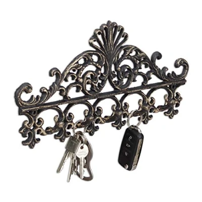 Abbildung von Relaxdays Garderobenleiste aus Gusseisen, 5 Haken, Antiker Landhausstil, HBT: ca. 17 x 35 3,5 cm, Hakenleiste, bronze