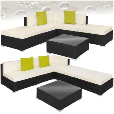 Abbildung von tectake® Aluminium Poly Rattan Lounge, modulares Gartenmöbel Set, großer Outdoor Couch Tisch mit Glasplatte, Sofa Set wetterfest für Garten, Balkon und Terrasse, extra Dicke Polster schwarz
