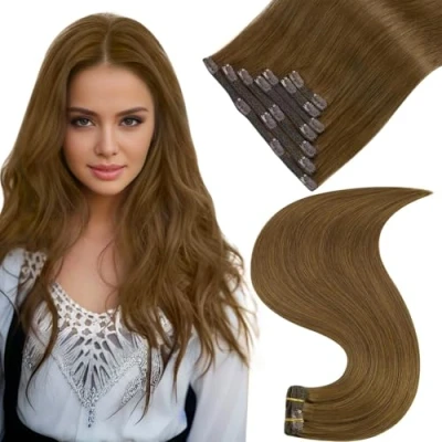 Abbildung von Easyouth Clip in Extensions Echthaar Braun Remy Farbe Mittelbraun 35 cm 70g 7Pcs Haarverlangerung Clips #4