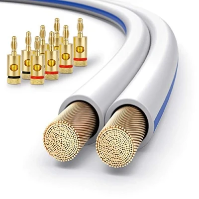 Abbildung von conecto CC50618 OFC Professional Audio Lautsprecherkabel Ultraflex, Querschnitt 2x2,50mm² (99,9% Vollkupfer 322x0,10,0mm Litze), 30,0m, weiß, Set inkl. 8 Bananenstecker