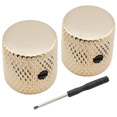 Abbildung von Musiclily Pro 1/4&quot; Stahl Universeller Fitting Potiknopf Flache Top Knobs mit Schraubbar für E Gitarre oder Bass, Gold (2 Stück)