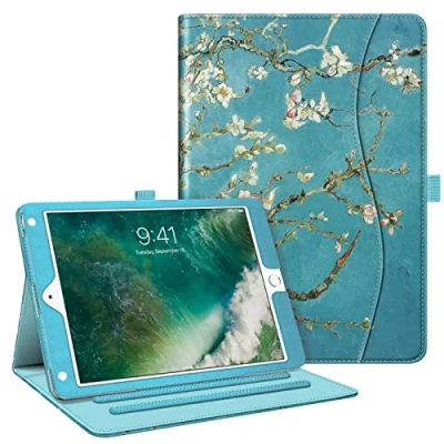 Abbildung von Fintie Hülle für iPad 9.7 Zoll 2018 2017 / Air 2 [Eckenschutz] Multi Winkel Betrachtung Folio Stand Schutzhülle Case mit Dokumentschlitze, Auto Sleep/Wake, Mandelblüten