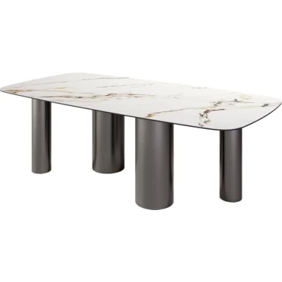 Abbildung von Esstisch Edge Boot 240x120 Keramik Calacatta Luxe Weiß Gold Grau Pilier Edelstahl Graphit