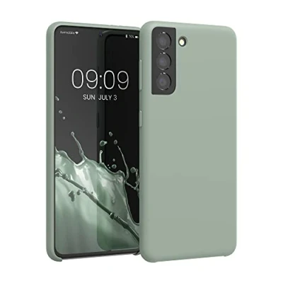 Abbildung von kwmobile Hülle kompatibel mit Samsung Galaxy S21 Silikon Handy Case Handyhülle weiche Oberfläche kabelloses Laden Graugrün