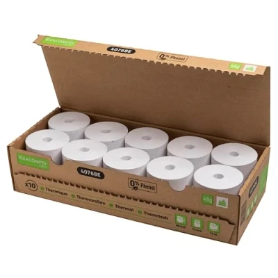 Abbildung von Exacompta Ref. 40768E Box mit 10 Thermo Spulen für Kassenbon Breite 80 mm x Durchmesser 72 mm, 1 lagig, thermisch 48 g/m², ohne Phenol, Plastikmüll, Meterware, +/ 2 m: 76 m