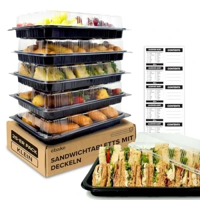 Abbildung von ebake Mehrweg Servierplatte mit Deckel (25 Stk. à 34 x 24,5 7,4 cm) Meal Prep Boxen für Partys usw. Ideal als Food Container Box, Menüteller &amp; Box Inklusive Sticker Etiketten