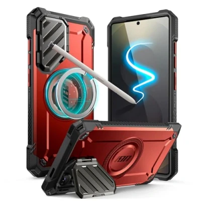 Abbildung von SupCase für Samsung Galaxy S25 Ultra Hülle mit Kameraschutz (UBMag XT), [S Pen Friendlich] [Kompatibel MagSafe] Düne Case Schutzhülle Magnetisch Handyhülle Ständer (Rot)