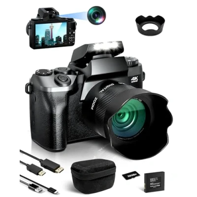 Abbildung von Fine Life Pro Digitalkamera 4K 64MP Fotokamera mit 4.0&quot; Touchscreen, 16X Digitalzoom Kompaktkamera Selfie Frontkamera für Anfänger WiFi, Kameratasche, Haube, 32GB TF Karte (Doppellinse)