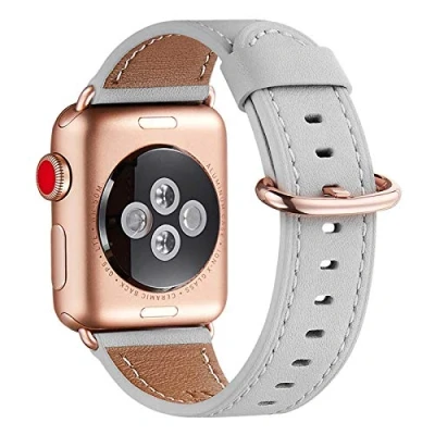 Abbildung von WFEAGL Kompatibel für Apple Watch Armband 44mm 45mm 49mm 42mm,Lederband Ersatzband Herren Damen iWatch Ultra Series 10/9/8/7/6/5/4/3/2/1,SE(42mm 45mm, Hell Grau+rosé Gold Adapter)