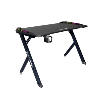 Abbildung von Oversteel Vitallium Gaming Tisch 120x60x75 cm, RGB LED Beleuchtung, Kohlefaser Oberfläche, ergonomisch, Tassen und Headset Halter, Computer Schreibtisch, Schwarz