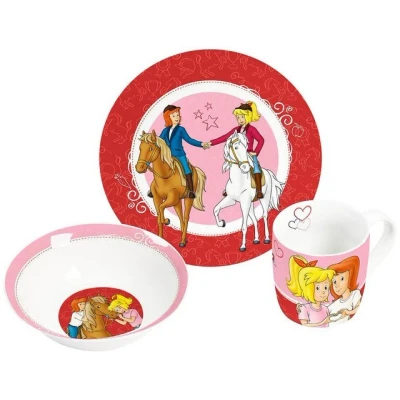 Abbildung von Geda Labels GmbH Kindergeschirr Set Bibi &amp; Tina 3 teilig, Porzellan, Rosa, 24x9,8x14,5, spülmaschinengeeignet