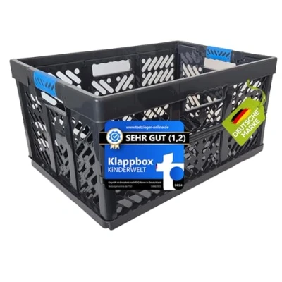 Abbildung von KiNDERWELT 4 x Klappbox 45 L bis 50 kg Faltbox robuste Transportkiste Kunststoff Faltbox, Kiste, Korb zur Aufbewahrung, schwarz/blau