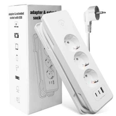 Abbildung von Steckdosenleiste USB Mehrfachsteckdose mit Schalter, 3 Fach Steckdosenadapter Steckdose Überspannungsschutz 3680W 16A Mehrfachstecker C Verteilersteckdose für Zuhause Büro, 1,6 m Kabel