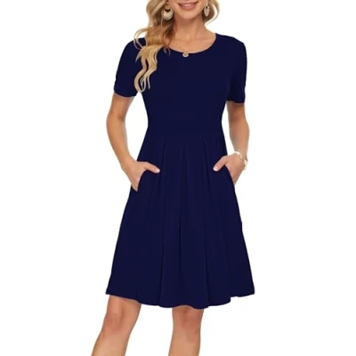 Abbildung von AUSELILY Shirtkleid Damen Kurzarm Plissee Loose Swing Freizeitkleid mit Taschen Knielang Navy Blau 2XL