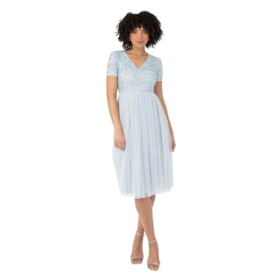 Abbildung von Maya Deluxe Damen Robe Soirée Midi Ornée D&#039;un Col En V À Manches Courtes Pour Bal De Fin D&#039;année, Mariage Brautjungfernkleid, Hellblau, 42