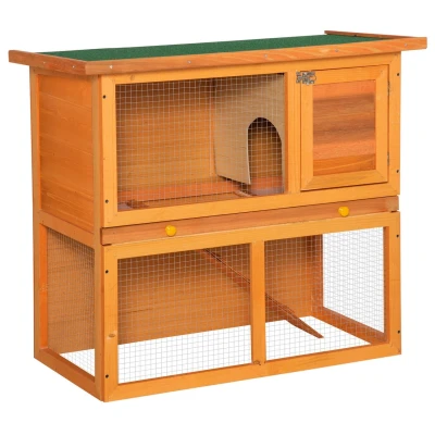 Abbildung von Zwergkaninchenstall doppelstöckig Zwergkaninchenkäfig mit Rampe Kleintierstall Tierstall Outdoor Holz Gelb 90 x 45 80 cm