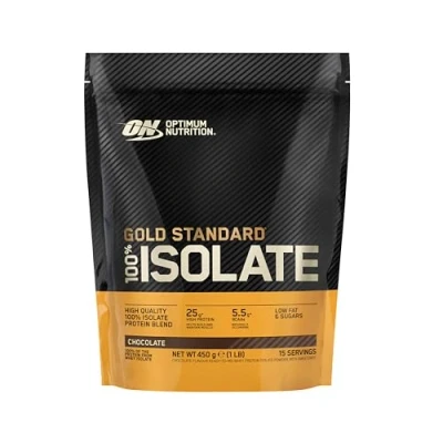 Abbildung von ON Gold Standard 100% Isolate für Muskelunterstützung und reparatur, hochwertiges Whey Proteinpulver mit BCAA Aminosäuren, zuckerarm, fettarm, Sportnahrung, Geschmack: Schokolade, 15 Portionen, 450g