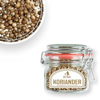 Abbildung von Koriandersamen BIO 80g im Premium Drahtbügelglas EDEL KRAUT KORIANDER ganz SAMEN coriander organic 100% naturrein aus kontrolliert biologischem Anbau