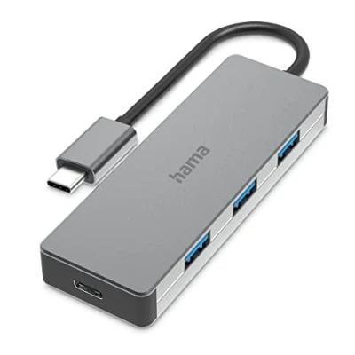 Abbildung von Hama USB C Multiport Hub für Laptop mit 4 Ports, A, C, silberfarben Adapter zu Typ 15 cm, Dockingstation, Adapter, robustes Aluminiumgehäuse, kompakt
