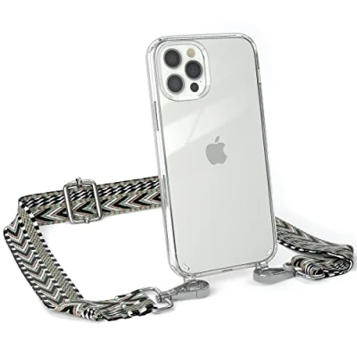 Abbildung von EAZY CASE Handykette Verstellbarer Trageriemen kompatibel mit iPhone 12/12 Pro, Handykordel Schutzhülle durchsichtig, Riemen für Handyketten, Grün/Schwarz Metall Silber