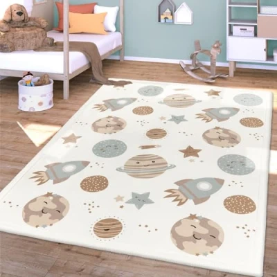 Abbildung von TT Home Waschbarer Teppich Krabbelmatte Babyzimmer Kinder rutschfest Flauschig Punkte, Farbe:Braun Creme, Größe:160x220 cm