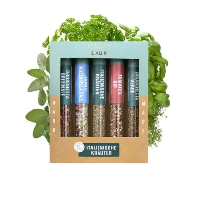Abbildung von Laux Italienische Kräuter Geschenkbox 5 Erlese Gewürze Set Hochwertiges Pasta, Pizza &amp; Grill Zubehör Ausgefallene Geschenke für Männer Frauen