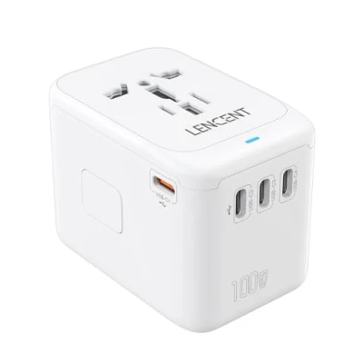 Abbildung von LENCENT 100W Internationaler Reiseadapter, GaN Universal Reisestecker mit 1 USB A &amp; 4 Typ C Stromadapter, Schnellladegerät für Telefon, Laptops, Weltweiter Steckeradapter USA/UK/EU/AUS, Weiss