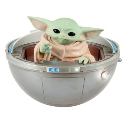Abbildung von Hallmark Keepsake Weihnachtsschmuck 2024 Star Wars The Mandalorian Grogu im schwebenden Kinderwagen mit Licht, Sound und Bewegung, Geschenke für Fans