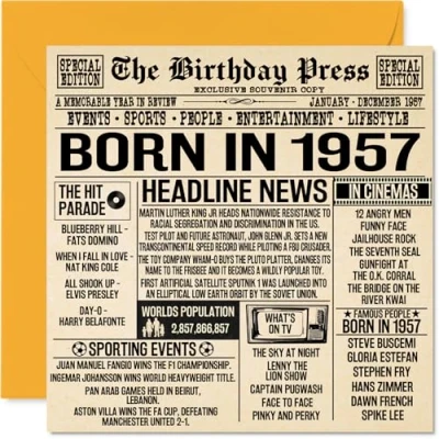 Abbildung von Geburtstagskarte zum 67. Geburtstag für Männer und Frauen, Zeitung &quot;Born in 1957 Newspaper Happy 67 Birthday Card for Grandad Grandma Nan Vintage Retro Back 1957, 145 mm x mm, Sixty Seven