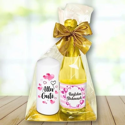 Abbildung von Hochwertiges Geschenkset Piccolo Beerenperlwein Herzlichen Glückwunsch mit Kerze &quot;Alles Gute&quot; Secco Sekt Stumpenkerze als Geschenk für Frauen zum Geburtstag